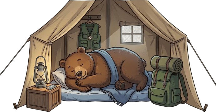 A bear sound asleep in a tent while the lantern glows
