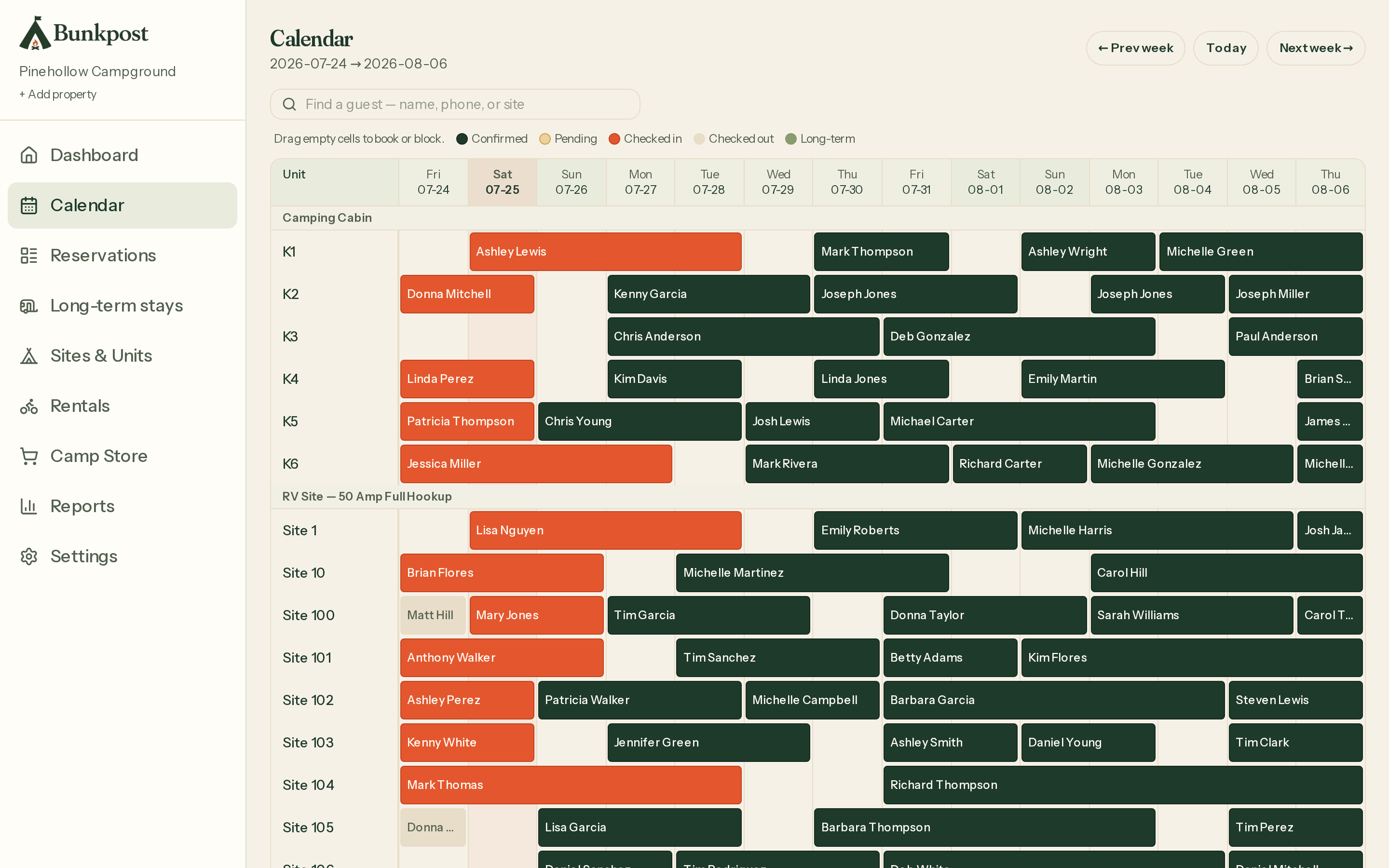 The Bunkpost calendar: sites down the side, nights across the top, reservation bars filling the grid
