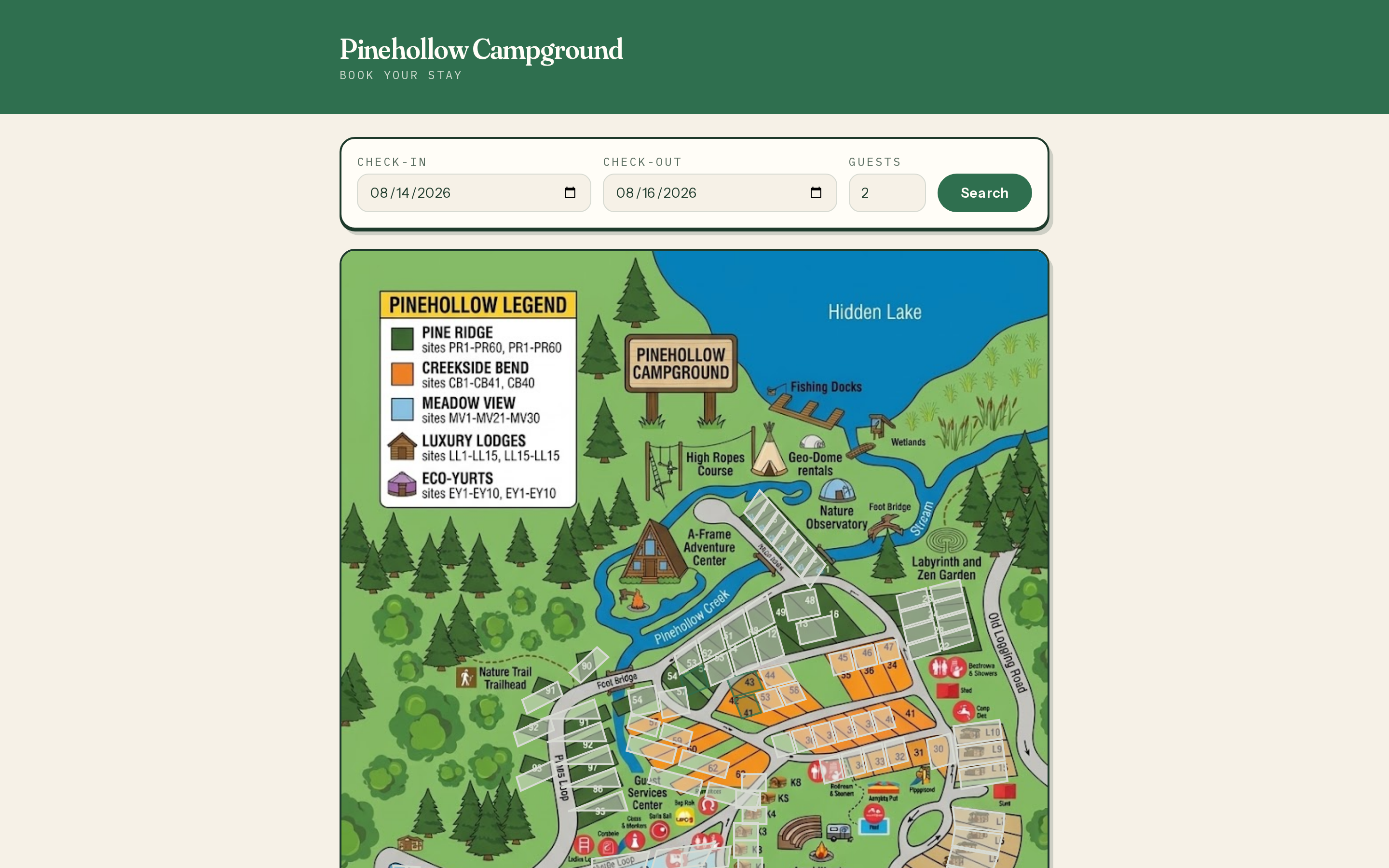 Search results on the booking page: available sites shown on the park map