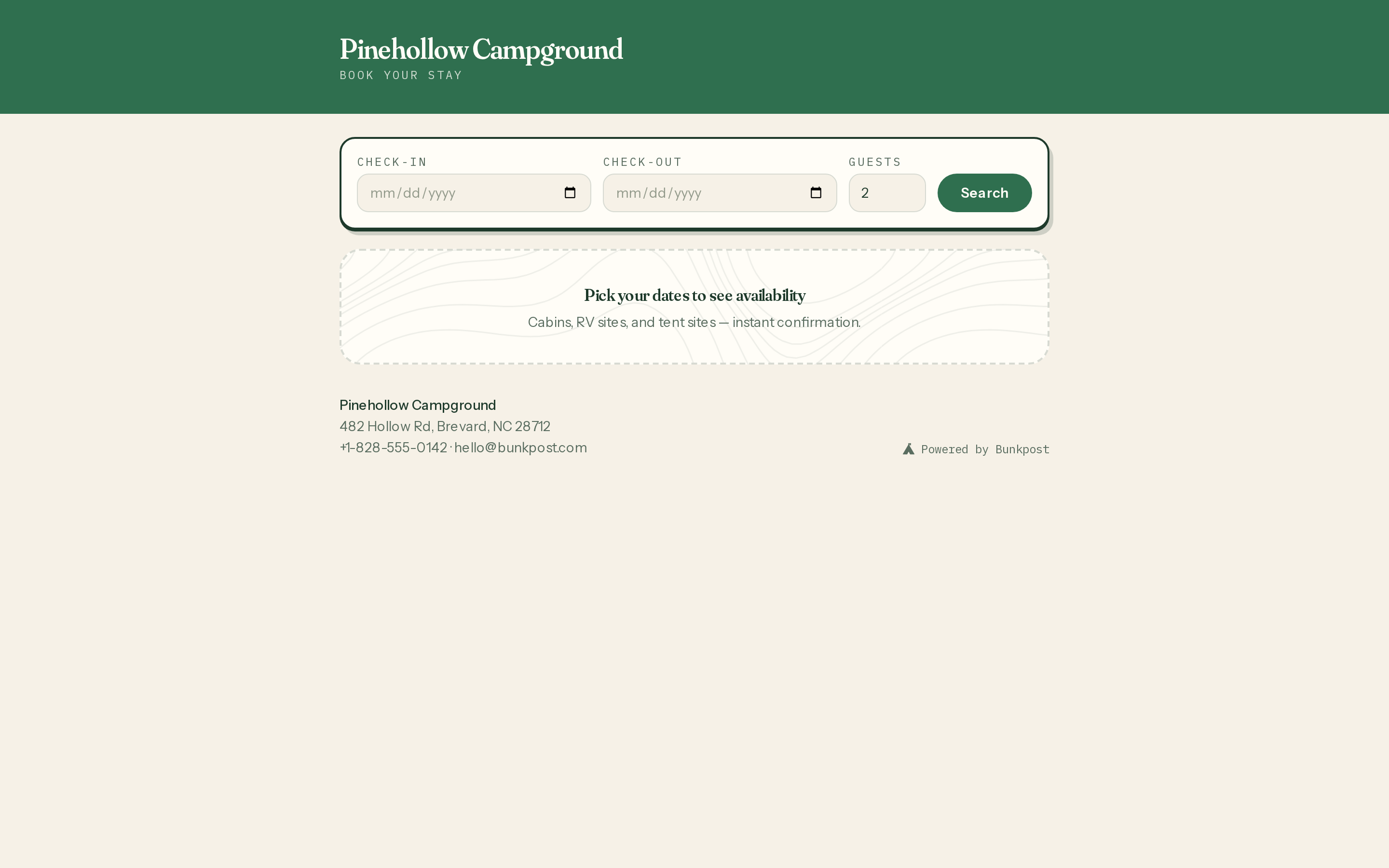 A Bunkpost booking page: the park's name and photo, date and guest pickers, and site types