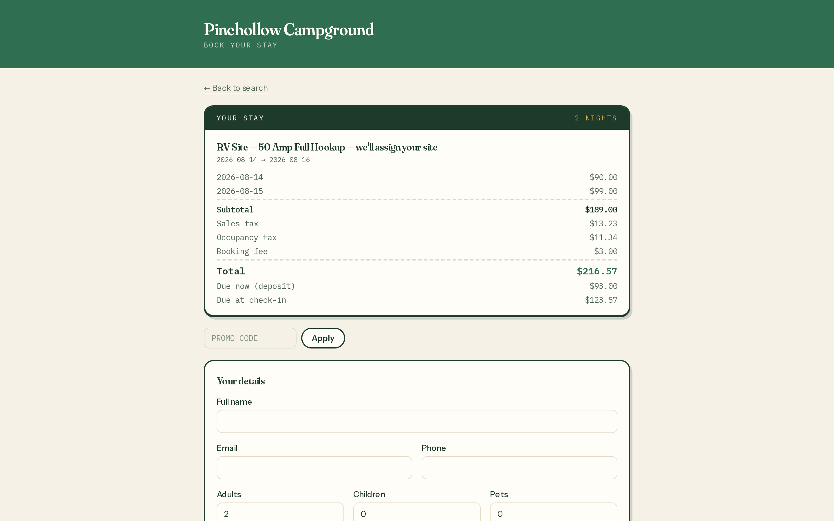Guest checkout: stay summary, party details, add-ons, and the itemized total