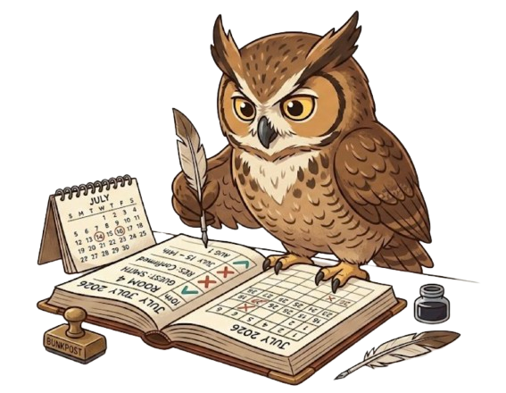 An owl bookkeeper peeking over the calendar, quill in wing