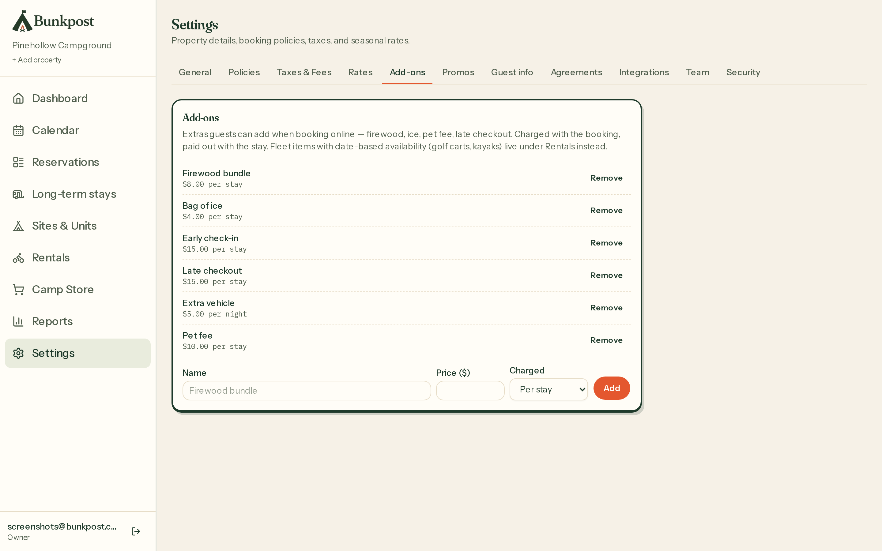 Settings → Add-ons: extras with per-stay or per-night pricing and active toggles