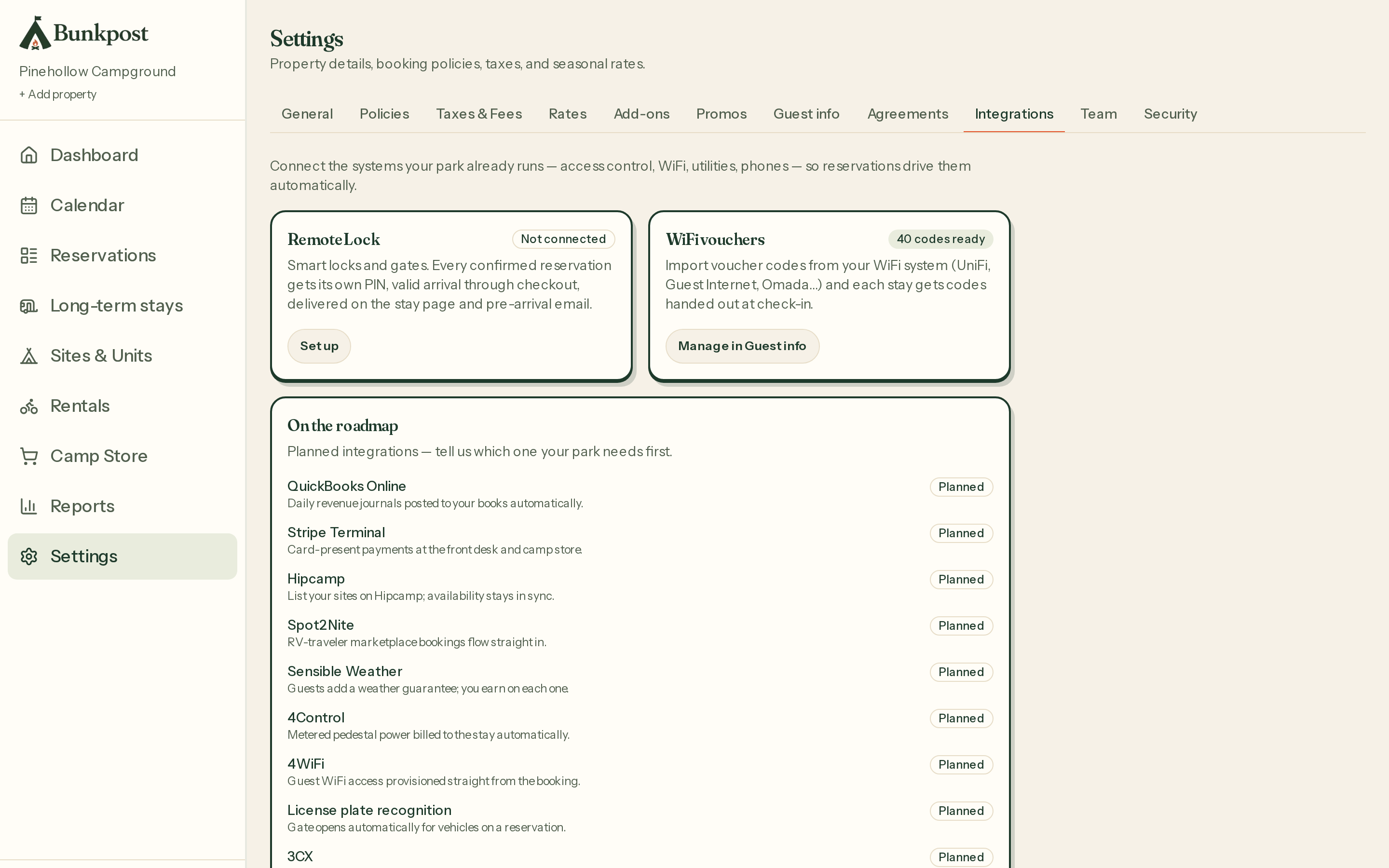 Settings → Integrations: RemoteLock and WiFi vouchers connected, with the planned integrations list below