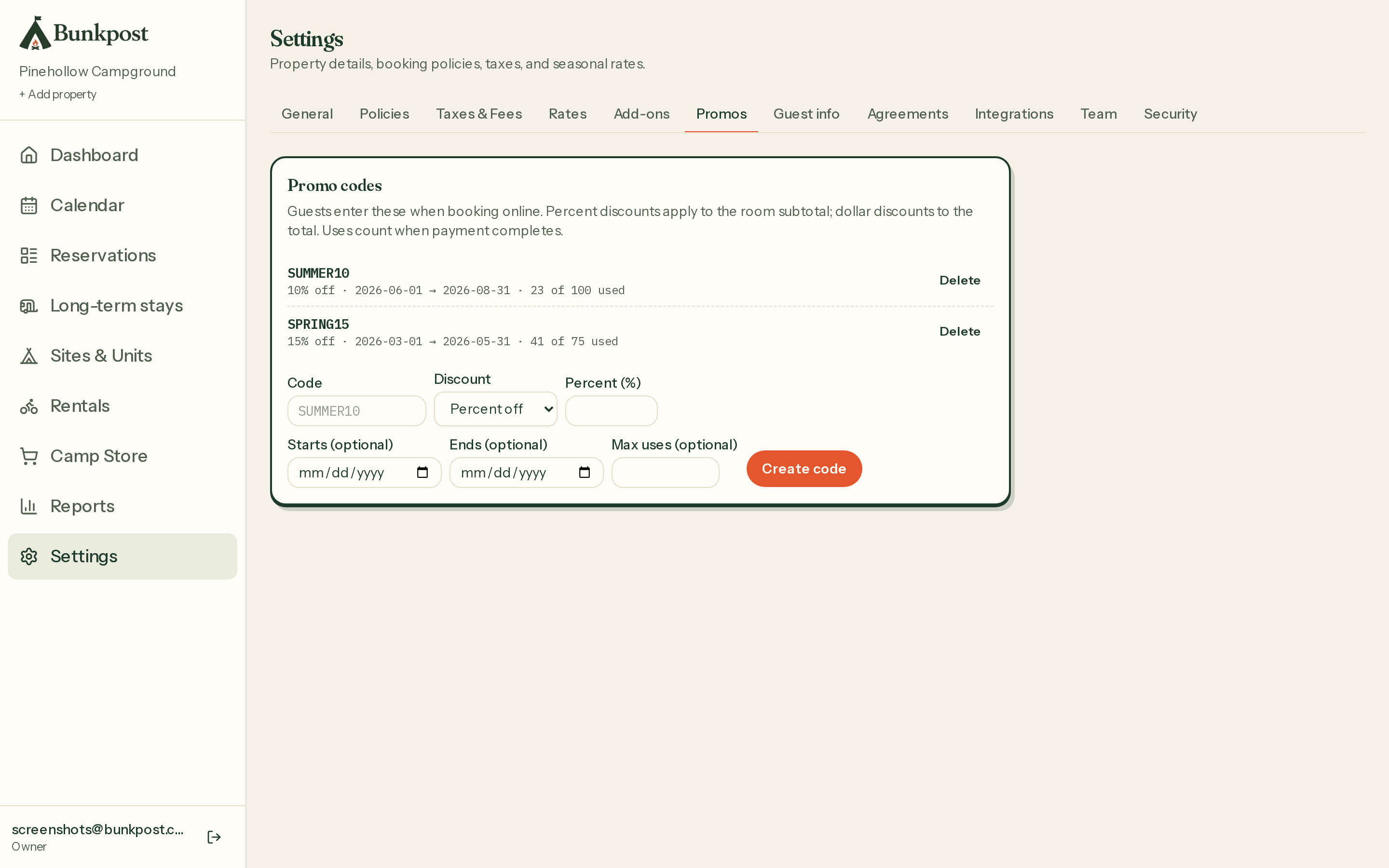 Settings → Promos: codes with their discounts, date windows, usage caps, and use counts