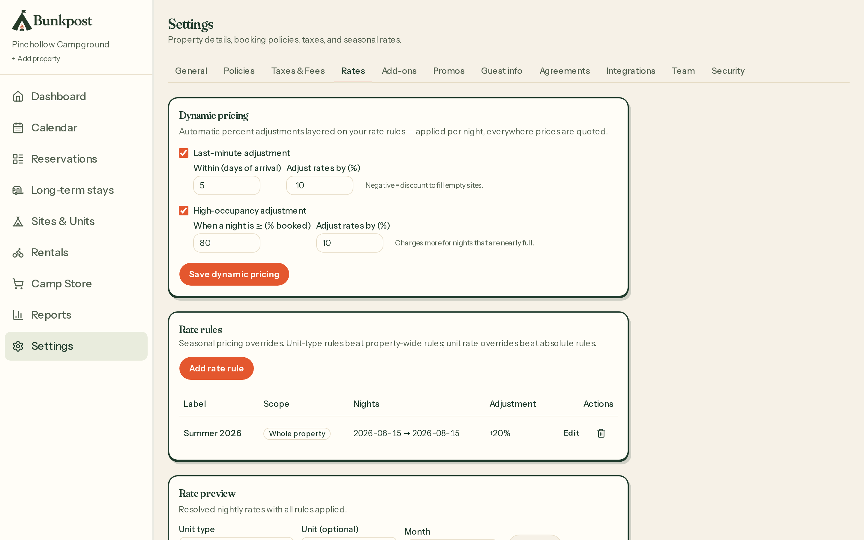 Settings → Rates: seasonal rate rules and the dynamic pricing card with its two dials