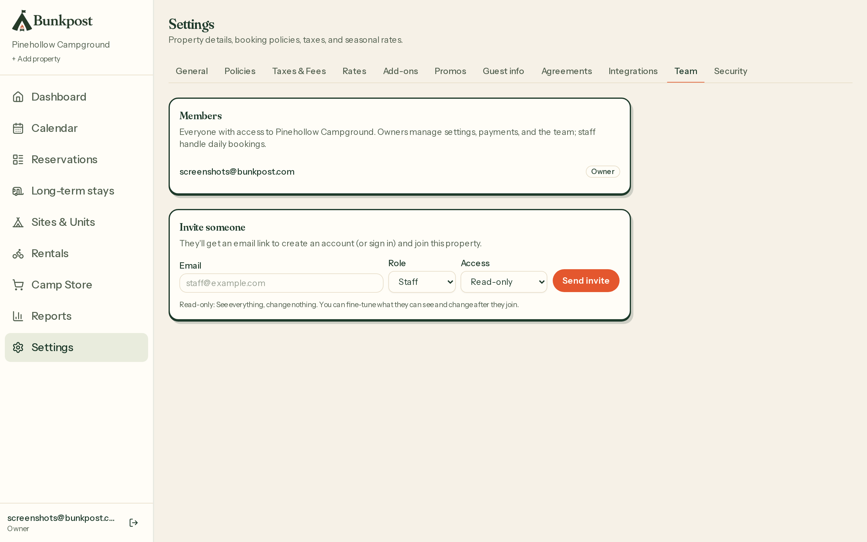 Settings → Team: member list with roles, and the invite form