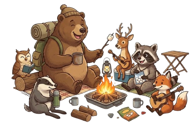 Woodland friends gathered around a campfire roasting marshmallows and playing guitar