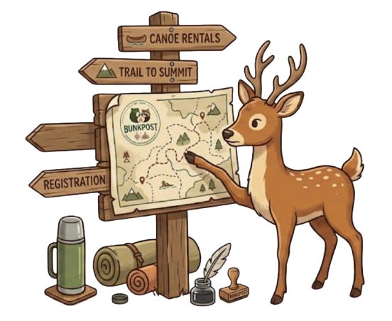 A deer studying a Bunkpost trail map on a wooden signpost