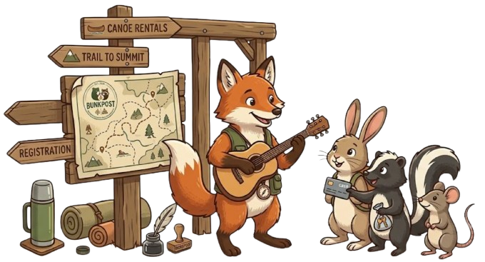 A fox ranger with a guitar welcoming a line of arriving guests at the campground signpost